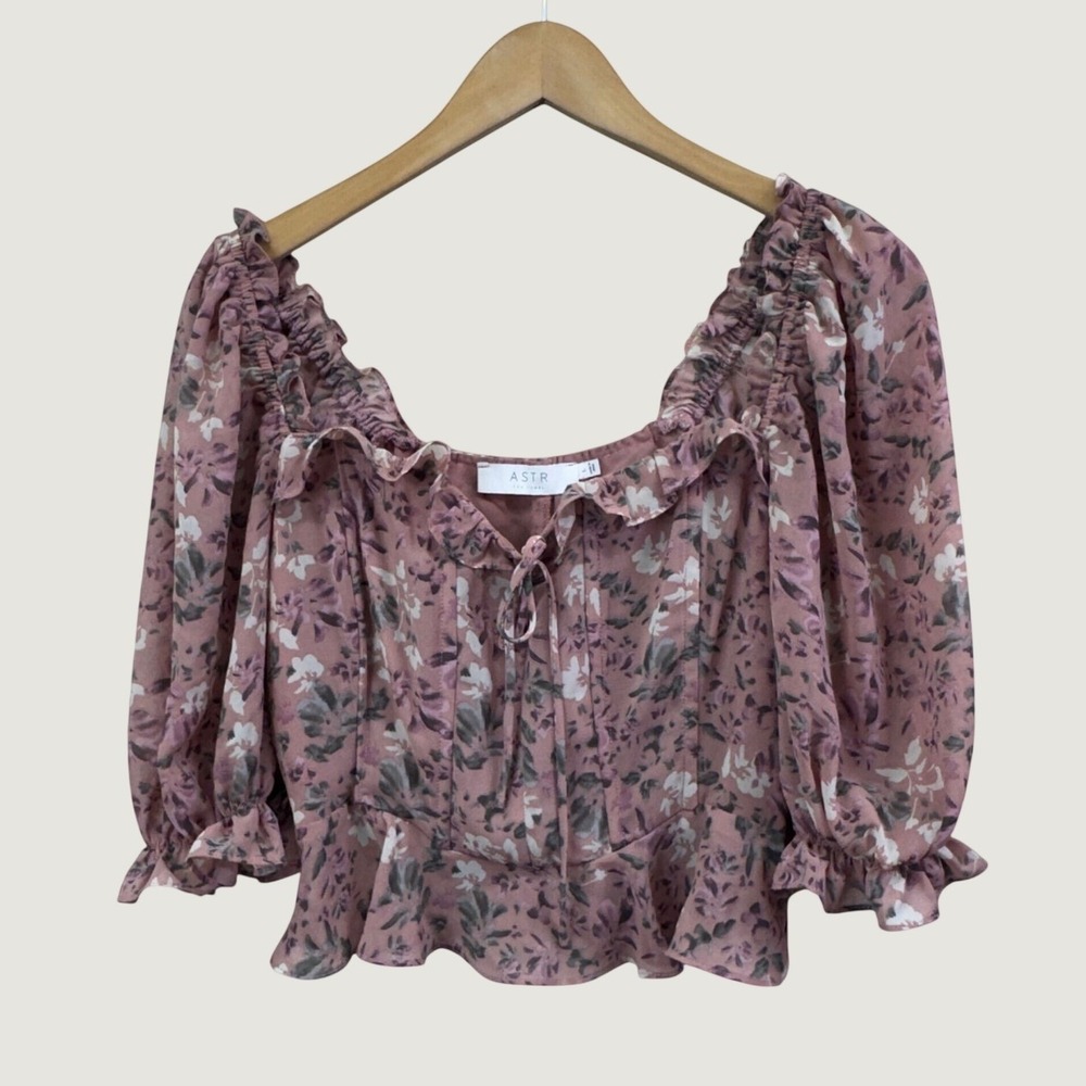 ASTR The Label Floral Puff Sleeve Blouse L Mauve Pink Cottagecore‎ Boho AT17198